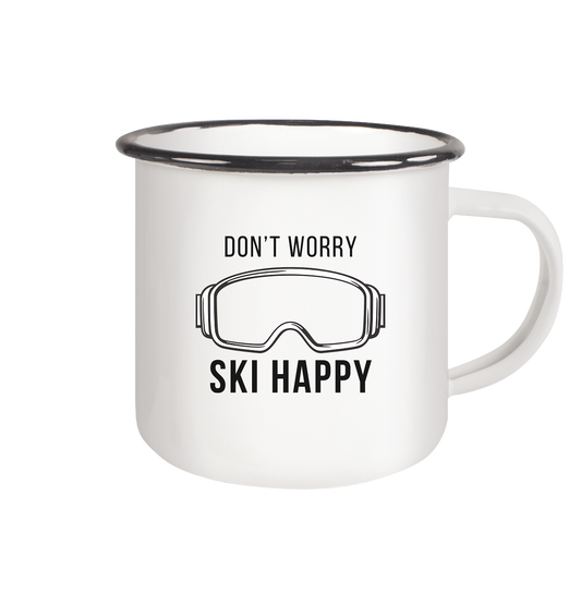 Don't worry SKI happy - Emaille Tasse (Black)